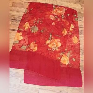 Long Floral Red and Orange Silk Scarf w/ Crochette Accent